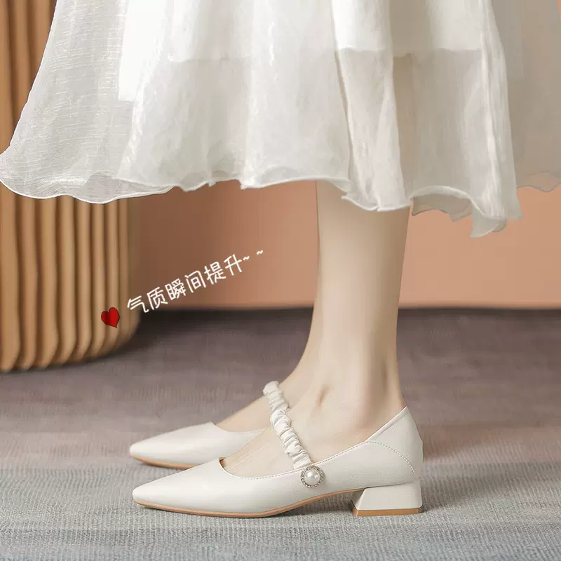 尖头单鞋女2023年春季新款法式百搭粗跟女鞋软皮浅口搭扣中跟秋鞋