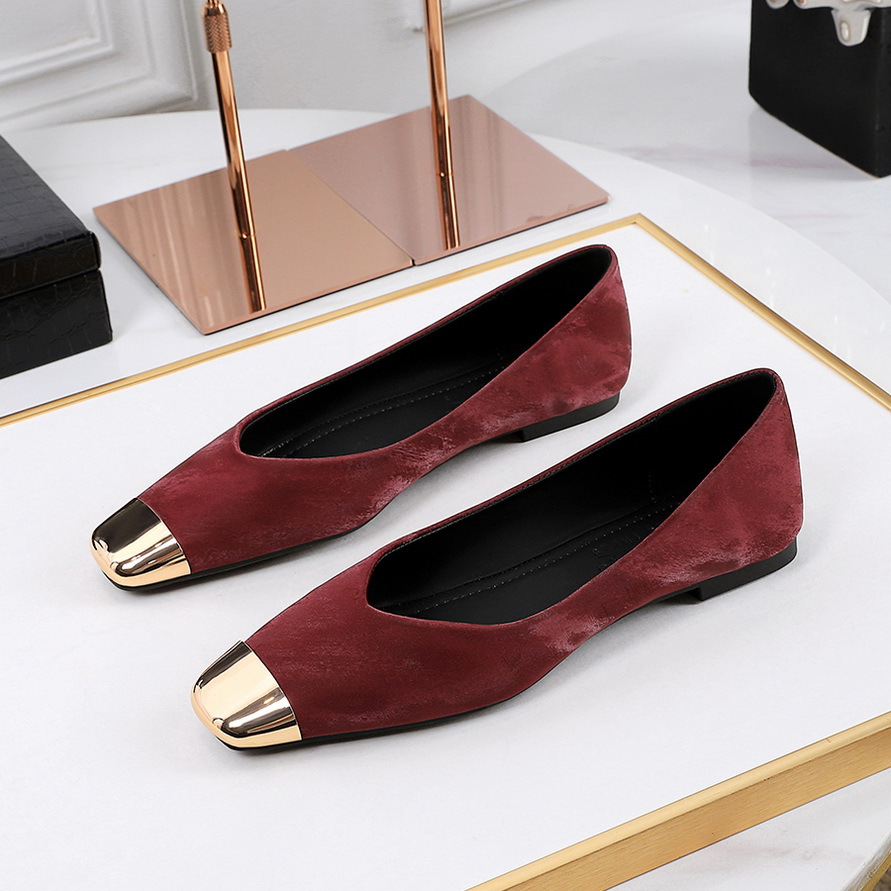 8726-11 French style single shoe women's versatile shallow mouth metal iron toe suede evening style flat bottomed small square toe floating shoes