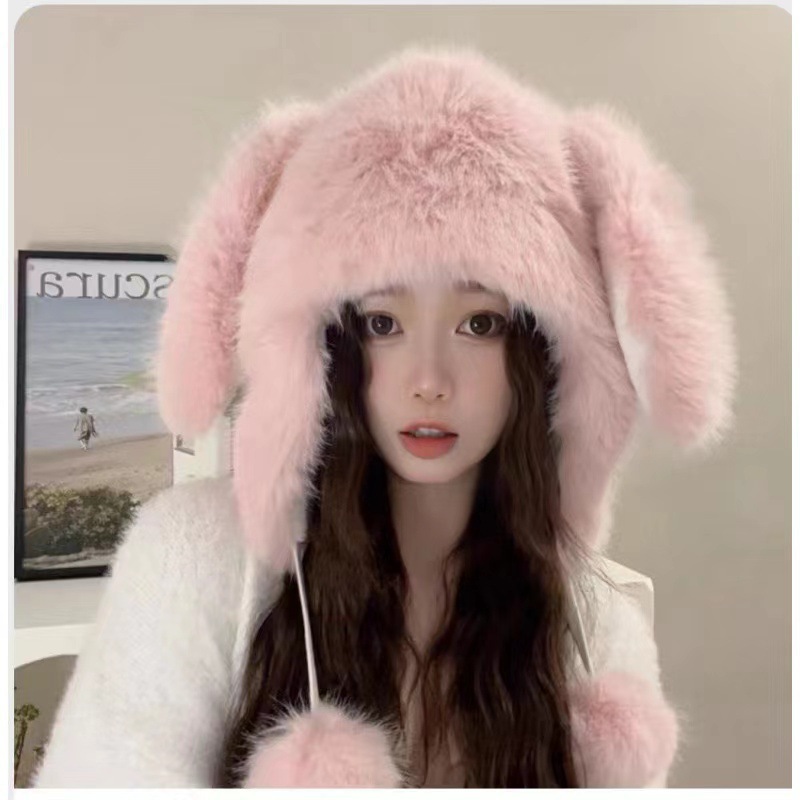 더블 폼폼 토끼 귀 모자 - 핑크