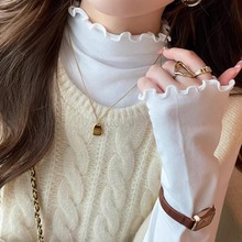 一件代发薄绒木耳边内搭上衣女半高领T恤秋冬加厚磨毛打底针织衫