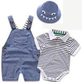 婴幼儿男宝宝纯棉拍照条纹短袖背带裤套装夏装外出服亚马逊源头工