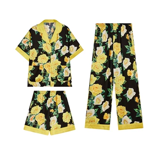 达芬奇密码睡衣冰丝女高级外穿仿真丝绸家居服短袖三件套春夏新款