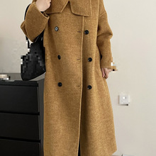 跨境上海兰芝羊毛双面呢大衣秋季新款双排扣立领长款过膝毛呢2406