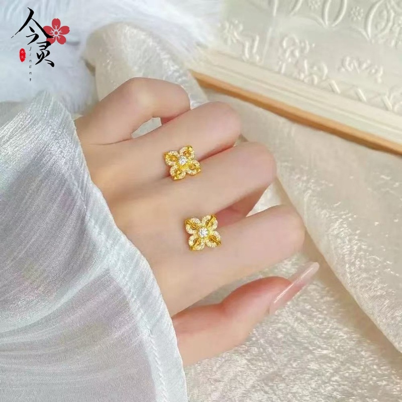 点钻十字金刚杵耳钉女款越南沙金古法四叶草菱形气质百搭耳饰批发|undefined