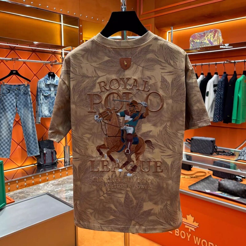 American Retro Trendy Brand Heavyweight Horse Logo Embroidered Round Neck Short-Sleeved T-Shirt Men's Loose Casual Half-Sleeved Cool Feeling