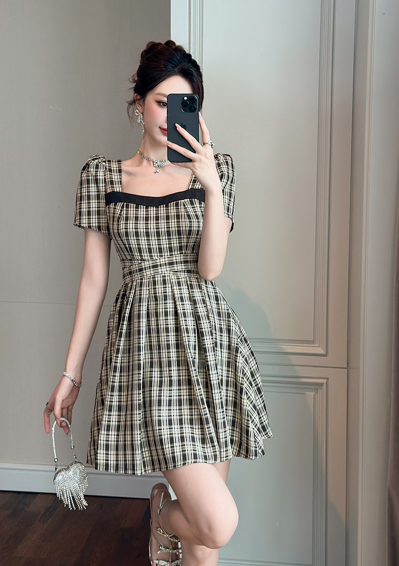 Váy chữ A cổ vuông kẻ sọc phong cách retro Pháp, eo thon, mùa hè — mơ đen chi tiết 5