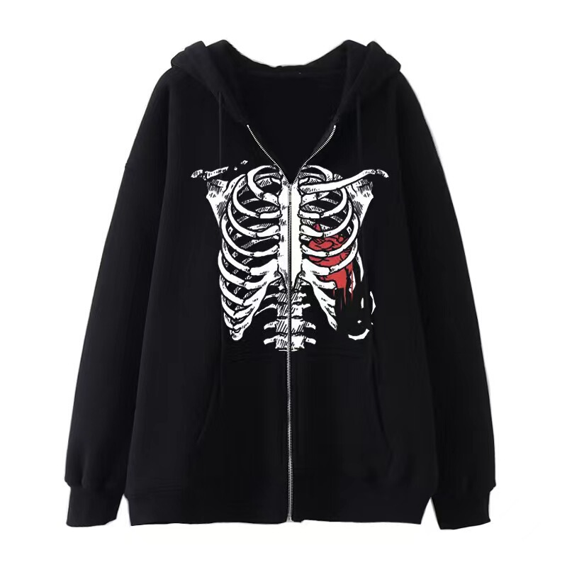 2022 New in stock skull cross-border fleece-lined thickened couple loose men and women couple zipper sweater European and American