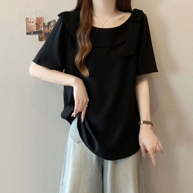 大码设计感蝴蝶结短袖衬衫女夏季新款胖mm宽松显遮肉瘦娃娃衫上衣|undefined