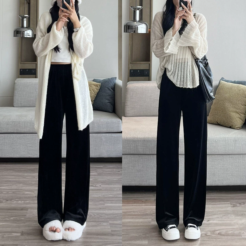 [Золотые бархатные широкие брюки] Осенняя и зимняя мода с высокой талией тонкая и дикая свободная повседневная вертикальная прямая швабра