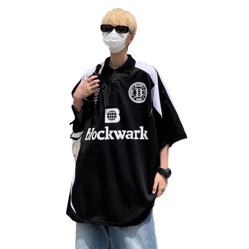 High Street American retro manga corta Camiseta hombres ins suelta costura motocicleta impresa pareja Polo camisa