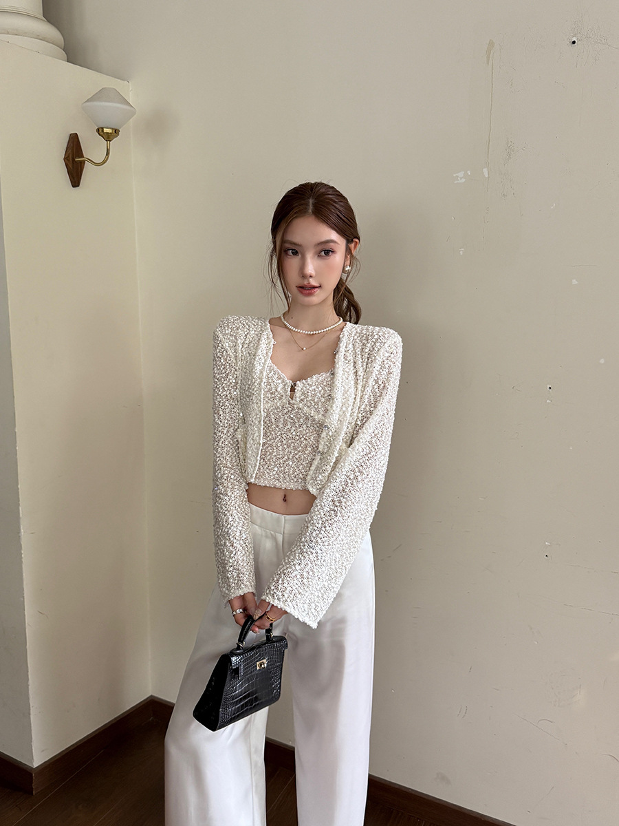 Spot Ruyi Small Fragrance Style High-End Outwear Spring and Summer Old Money Style Lady Top Women's Thin Glitter Jacket