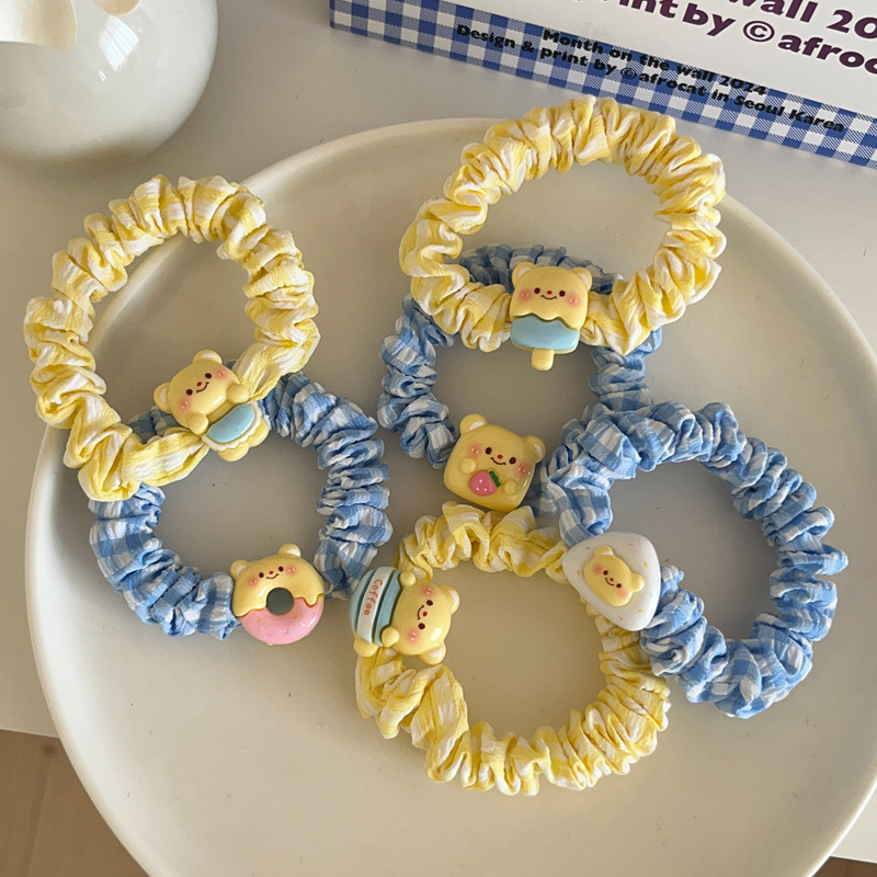 Fun Yellow and Blue Butter Bear Hair Rope Girl Heart Plaid Small Intestine Circle Head Rope Ball Scalp Tendon Hair Accessories Headdress New