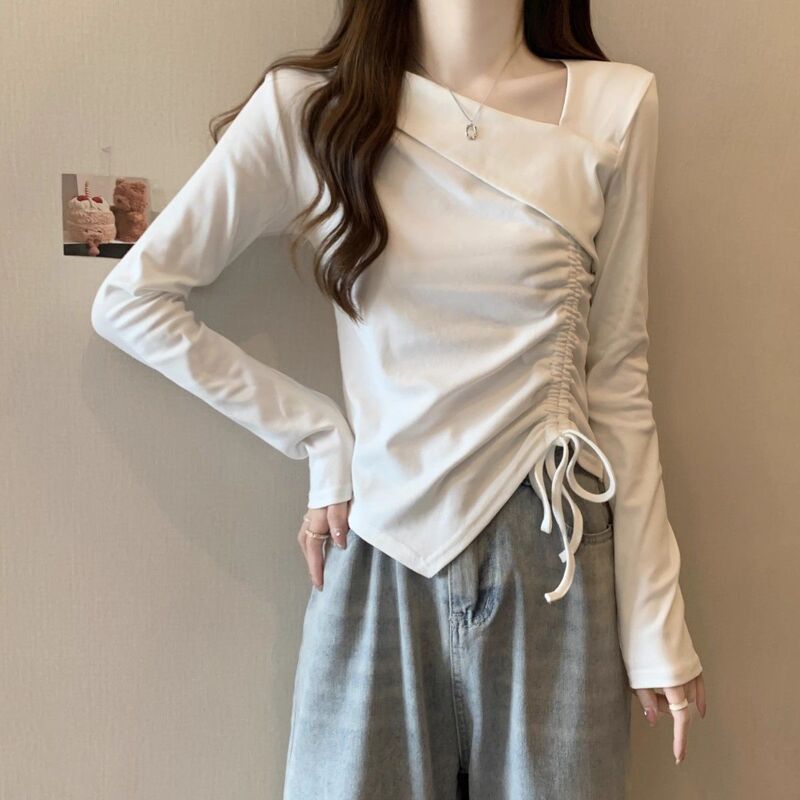 特大码300斤不规则长袖t恤女春秋新款抽绳打底衫胖mm显瘦内搭上衣|undefined