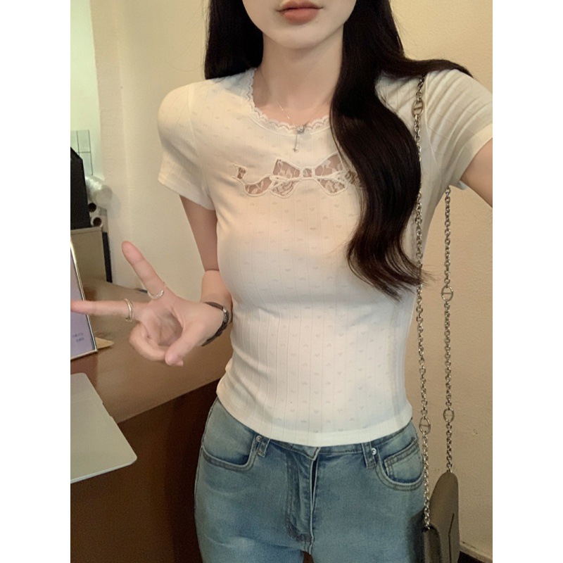 实拍短袖T恤夏女2024修身镂空蕾丝显瘦正肩短款圆领上衣韩版女装