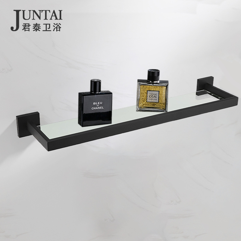 玻璃置物架 304不锈钢黑色浴巾架 置物架 简约毛巾收纳架浴室挂件