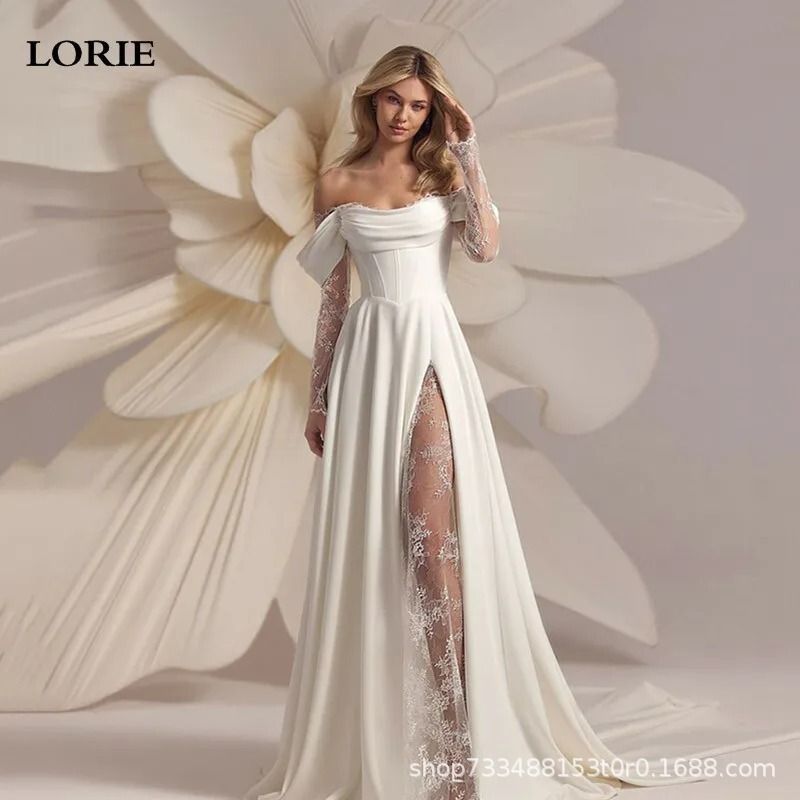 One-Shoulder Light Wedding Dress with Lace, French-Style High-End White Satin Gown with Long Sleeves and a Train, Suitable for Welcoming Guests and Evening Events One-Shoulder Light Wedding Dress with Lace, French-Style High-End White Satin Gown with Long Sleeves and a Train, Suitable for Welcoming Guests and Evening Events