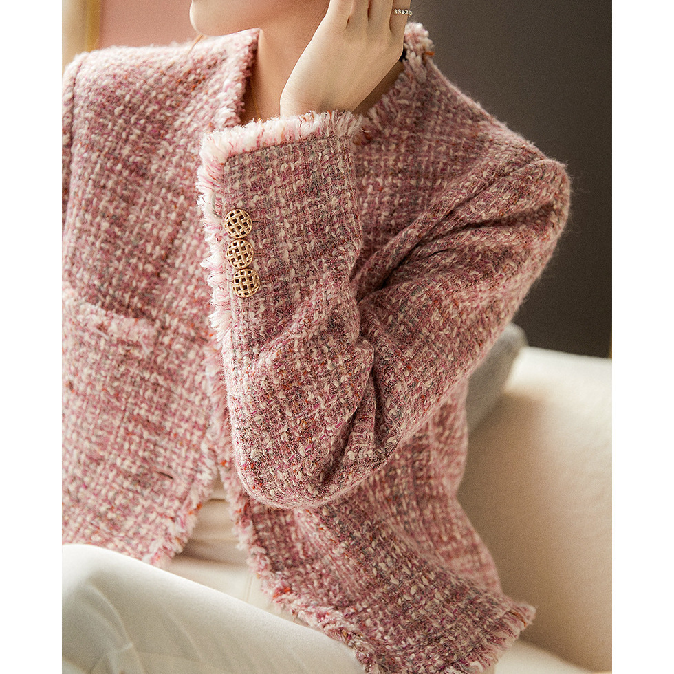 Wool Pink Chanel-Style Jacket, New Spring/Autumn Tweed with a High-End Feel, 2025 Spring Short Coat Top for Women