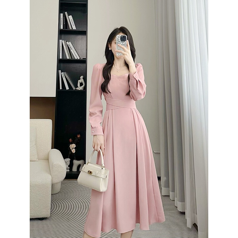 Japanese and Korean Style Early Autumn Long-Sleeved Square Neck Dress for Women, Waist Slimming, Classy and Exquisite Mid-Length Skirt for Formal Occasions