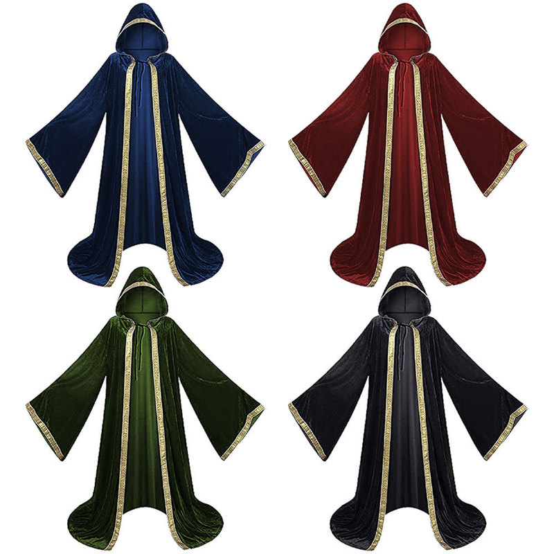 In-Stock Medieval Wizard Velvet Cloak Cosplay Costume with Gold Trim Magician Robe Halloween Performance Outfit