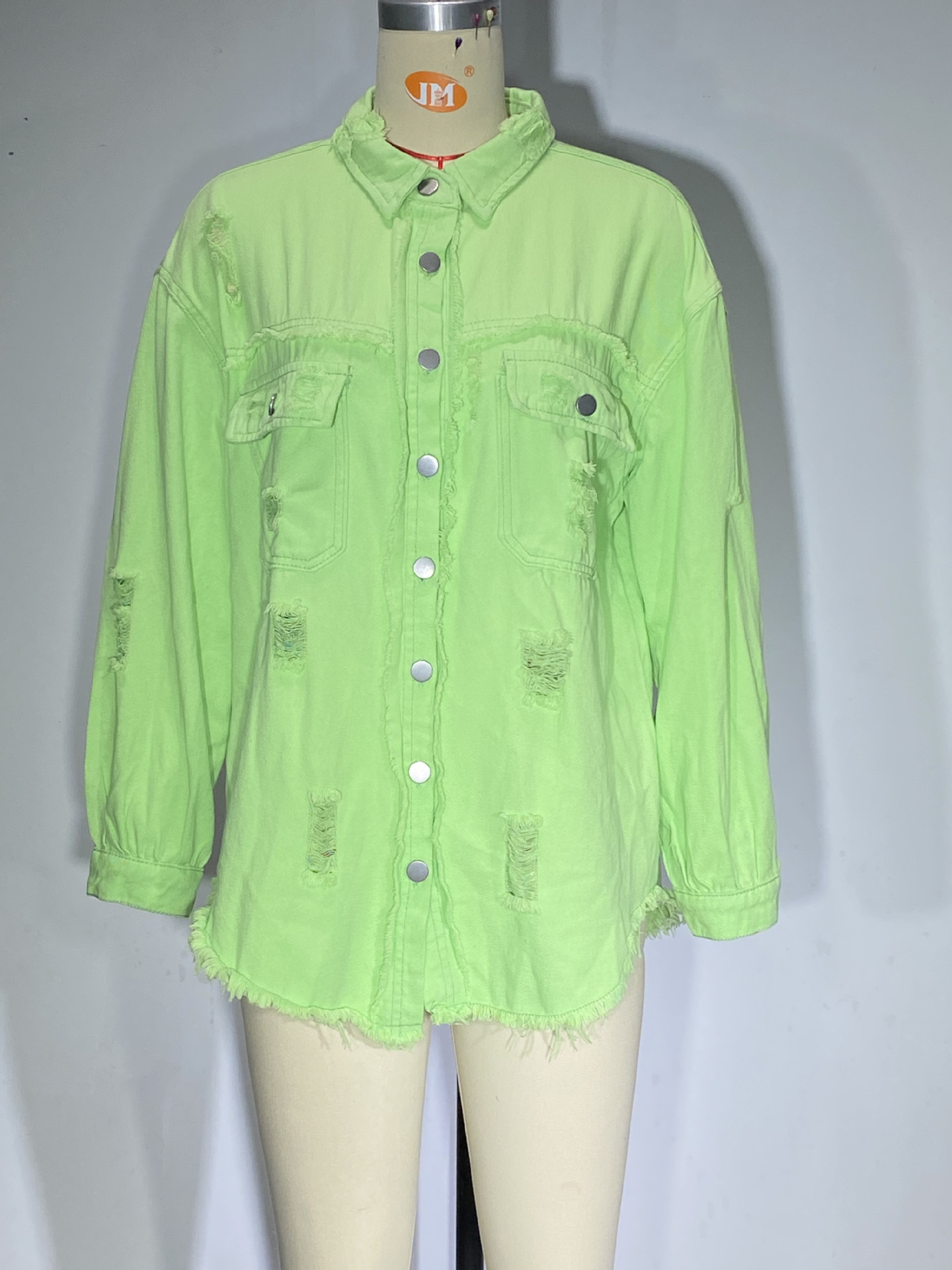 Giacca di jeans donna con volant strappata bavero manica lunga_voghion.com