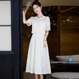 白色吊带连衣裙两件套2024夏新款新中式蕾丝气质精致短袖仙女套装