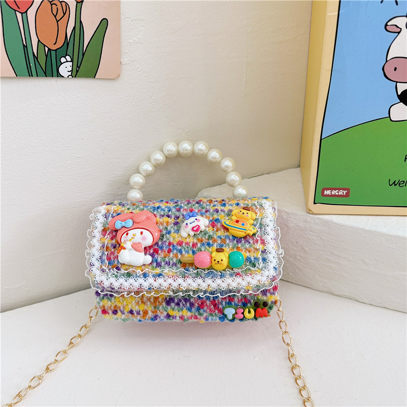 Venta al por mayor Otoño e Invierno estilo occidental niños pequeño bolso cuadrado moda femenina niñas contraste color cadena bolso simple con cuentas