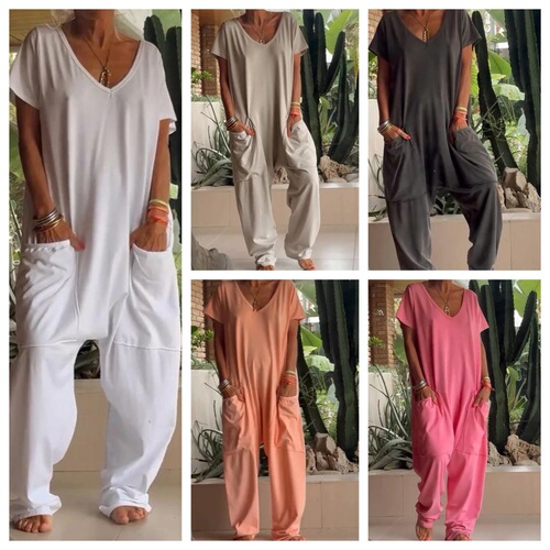 European and American-style summer women's independent online store: Solid-color V-neck oversized pocket low-rise straight-leg jumpsuit