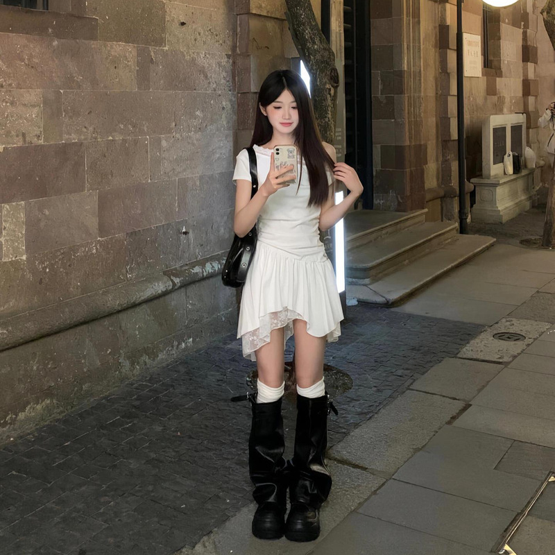 Korean Chic Gentle and Sweet One-Shoulder Lace Splicing Design Dress for Women Summer Irregular Slim-Fit Short Dress Korean Chic Gentle and Sweet One-Shoulder Lace Splicing Design Dress for Women Summer Irregular Slim-Fit Short Dress