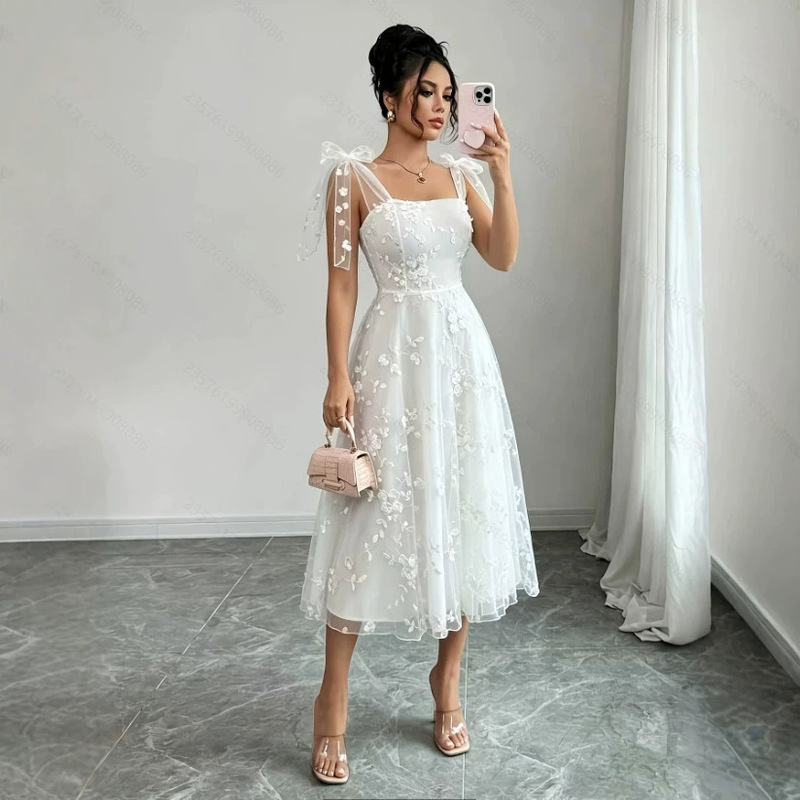 Women's New Summer Style Elegant and Romantic Mesh Embroidered Fabric Lace-Up Waist-Cinching A-Line Mid-Length Dress