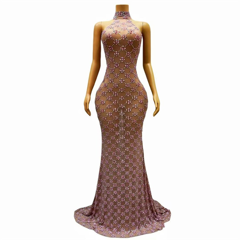 Foreign Trade European and American New Cross-border Women's Rhinestone Perspective Neck Super Long dress Universal Model Show Dress for Women