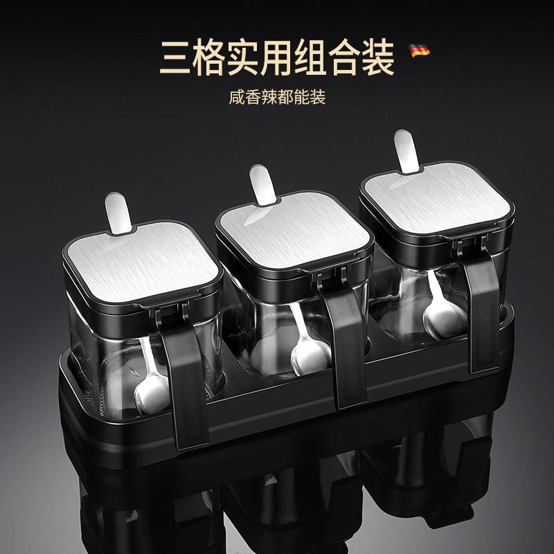 Tarro de almacenamiento de condimentos a prueba de humedad del hogar caja de condimentos de tres rejillas de cocina con traje de cuchara caja de condimentos sellada de vidrio grueso