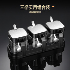 Home Moisture-Proof Seasoning Storage Jar Kitchen Three-Compartment Spice Rack with Spoon Set Thick Glass Sealed Condiment Jar