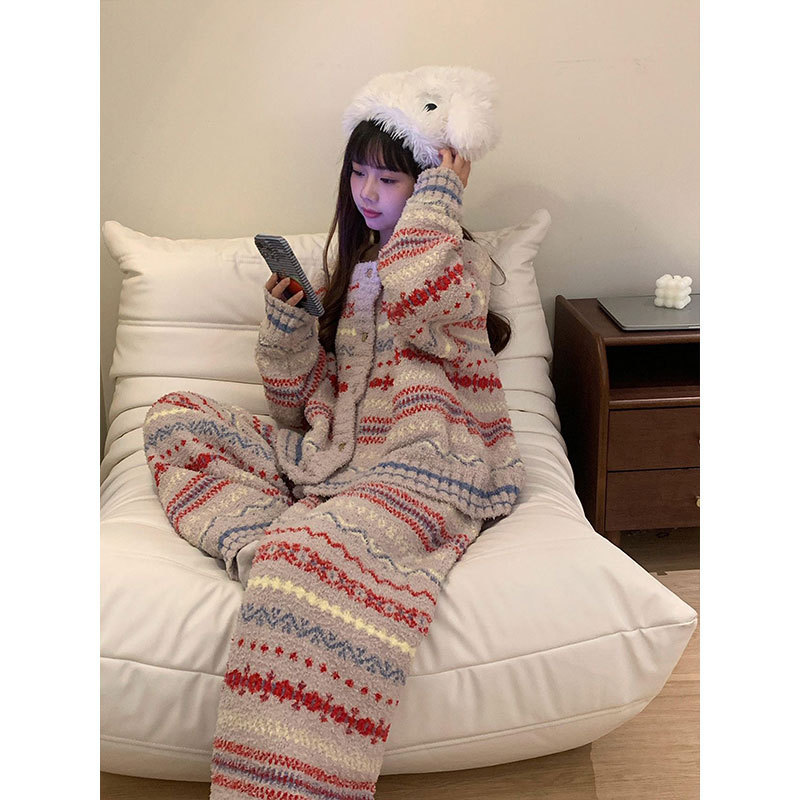 高级感休闲风半边绒睡衣女秋冬新款加厚大码条纹珊瑚绒家居服套装|undefined