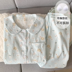 可爱小猫带胸垫睡衣女款2025新款春秋夏季纯棉纱布少女长袖家居服