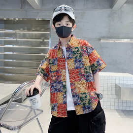 男童夏威夷风花衬衫短袖2026新款中大童韩版度假沙滩休闲上衣夏装