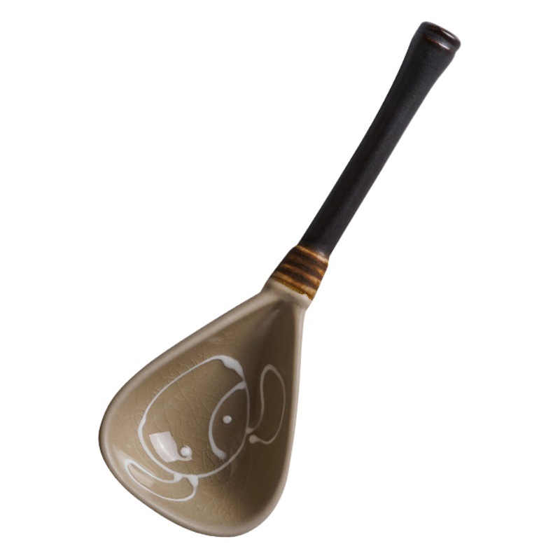 Cuchara de cerámica de estilo japonés retro cuchara de sopa de hogar mango largo cuchara de gres de aspecto alto cambio de horno