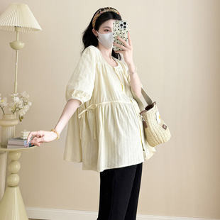 2025 Quality Maternity Dress Spring and Summer New Short Sleeve Hollow Doll Shirt Fashion Trendy Mom