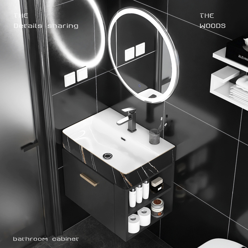 Mueble de baño de madera maciza pequeño apartamento Lado de almacenamiento combinación de gabinete lavabo baño integrado cerámica lavabo