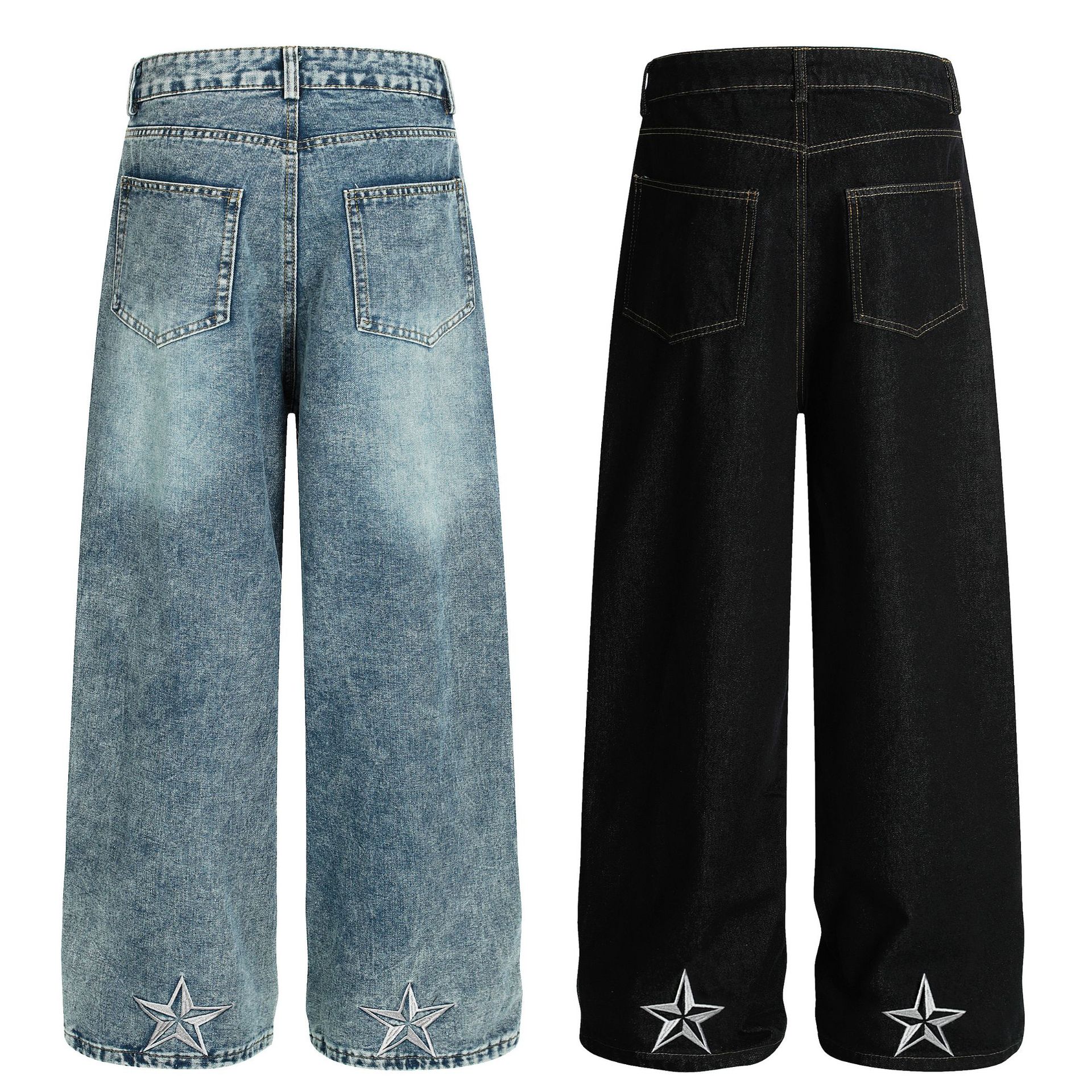 Korean-Style Distressed Washed Wide-Leg Jeans – Embroidered Star Details | Unisex Loose Fit Streetwear Denim Pants (S-XL, Blue/Black)​_mkmklike.com