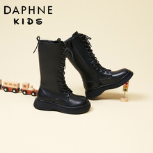 达芙妮女童长筒马丁靴真皮2022新款儿童靴子黑色冬季加绒高筒长靴