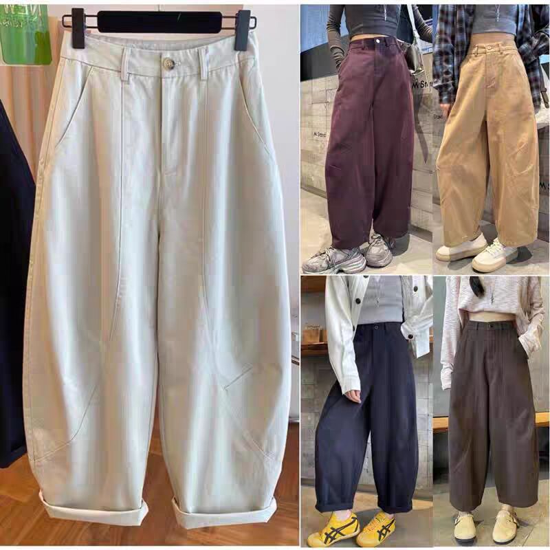 Brown 100% Pure Cotton Early Autumn Korean Style Trendy Cropped Wide-Leg Scimitar Pants for Women High-Waisted Balloon Slimming Casual Pants