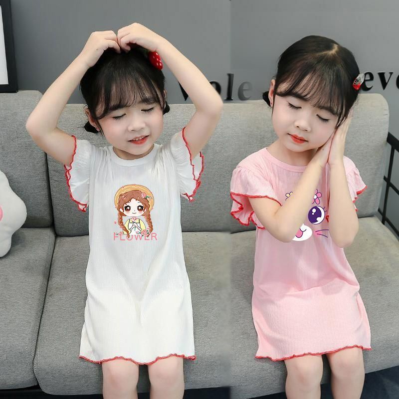 Girls Summer Nightgown Thin Ice Silk Little Girl Small and Medium-Sized Kidsren's Pajamas Cute Home Clothes Baby Girl Air-Conditioned Clothes