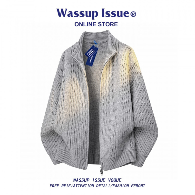 Wassup Issue American Double Zipper Cardigan Knitwear Men's Autumn and Winter High Street Stand Collar Casual Knitwear Jacket