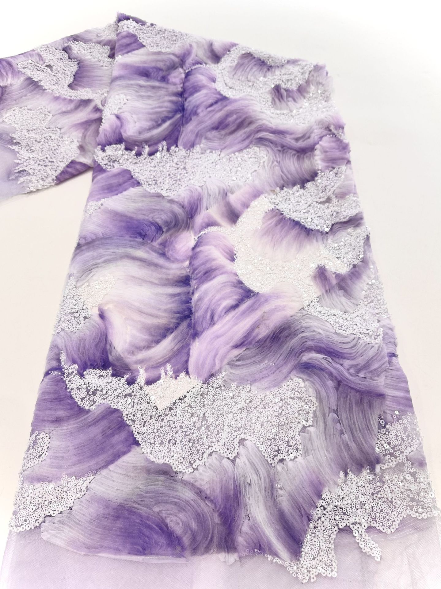 Tejido de vestido de boda ondas tridimensionales flor de sequilla vestido tela de moda rendimiento vestido de baile tela bordada