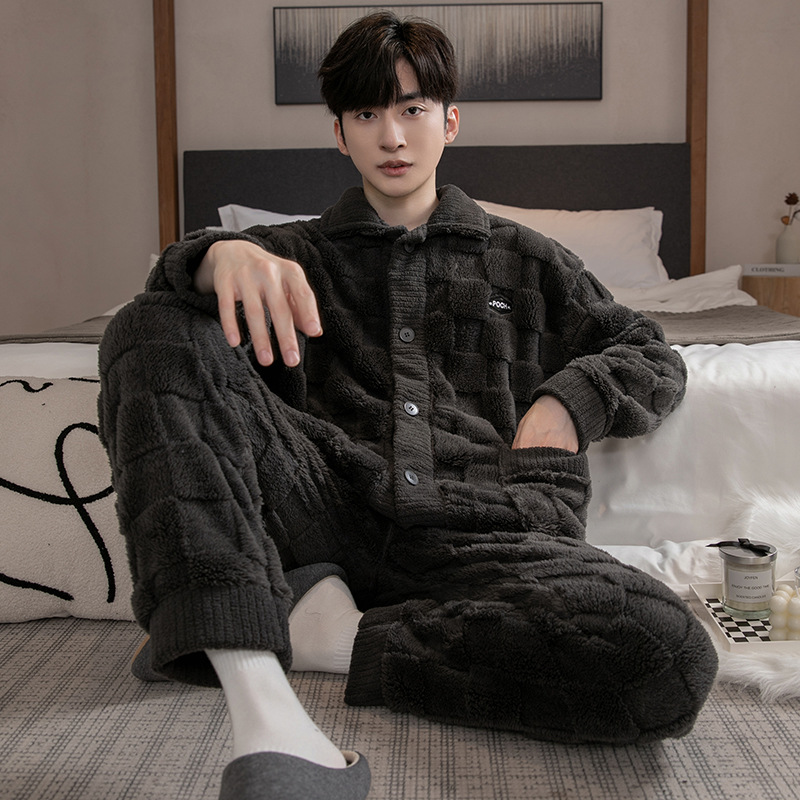 2023 nuevos pijamas de los hombres de otoño e invierno forrado de lana engrosada de manga larga cálido coral polar franela traje de desgaste para el hogar