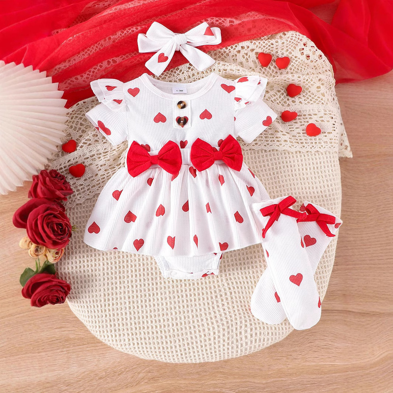 Cross-Border Crawling Outfit Set Valentine's Day Infant and Toddler Red Heart Bow Pattern Short-Sleeve Romper with Headband and Socks Cross-Border Crawling Outfit Set Valentine's Day Infant and Toddler Red Heart Bow Pattern Short-Sleeve Romper with Headband and Socks