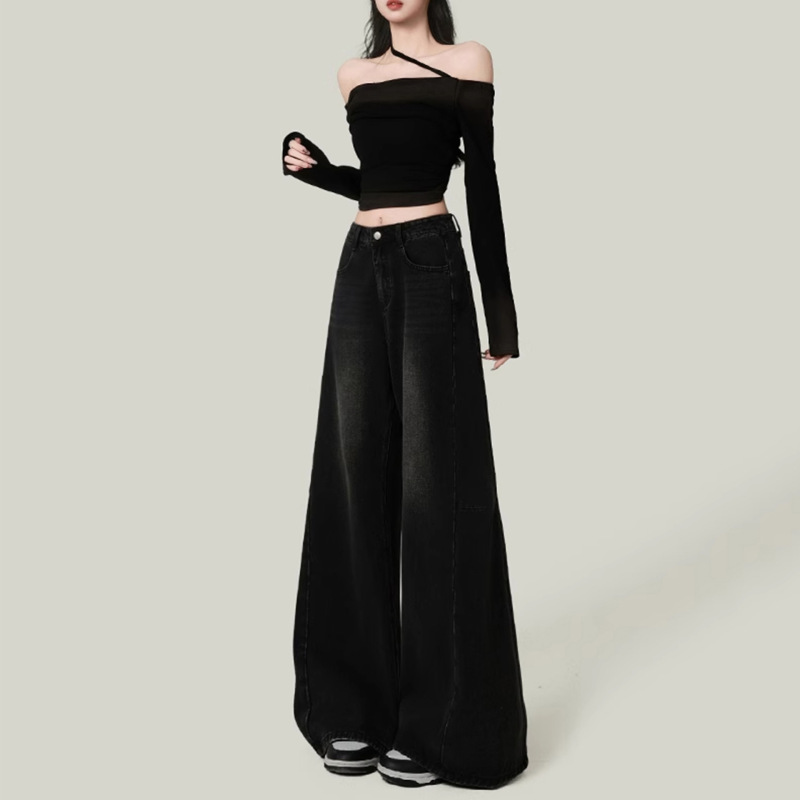 American-Style Black and Gray Raw Hem Wide-Leg Jeans for Women, Spring and Autumn High-Waisted Loose Fit for Pear-Shaped Body, Flared Floor-Length Pants American-Style Black and Gray Raw Hem Wide-Leg Jeans for Women, Spring and Autumn High-Waisted Loose Fit for Pear-Shaped Body, Flared Floor-Length Pants