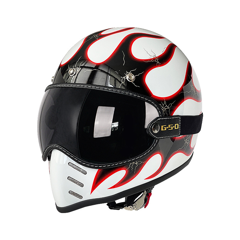 Motosiklet kaskı (dəbilqə) — Motuoche Winter Safety Helmet - white-with-red-flames-dark-tea-visor-m55-56