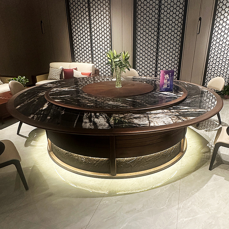 Hotel Electric Large Round Table Private Club Hotel Dining Table for 20 People New Chinese Dining Table and Chairs with Inlaid Rock Plate Turntable