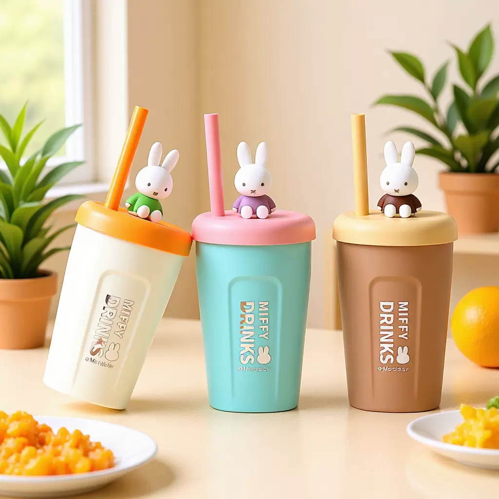 INS米菲304不锈钢水杯学生茶水吸管杯上班族带盖随手咖啡杯miffy